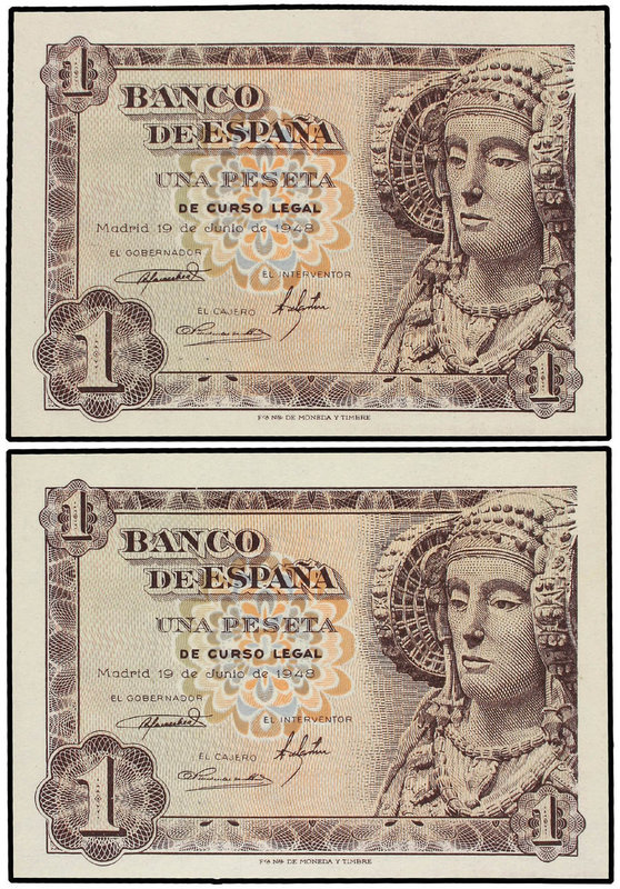 Estado Español. Lote 2 billetes 1 Peseta. 19 Junio 1948. Dama de Elche. Sin seri...