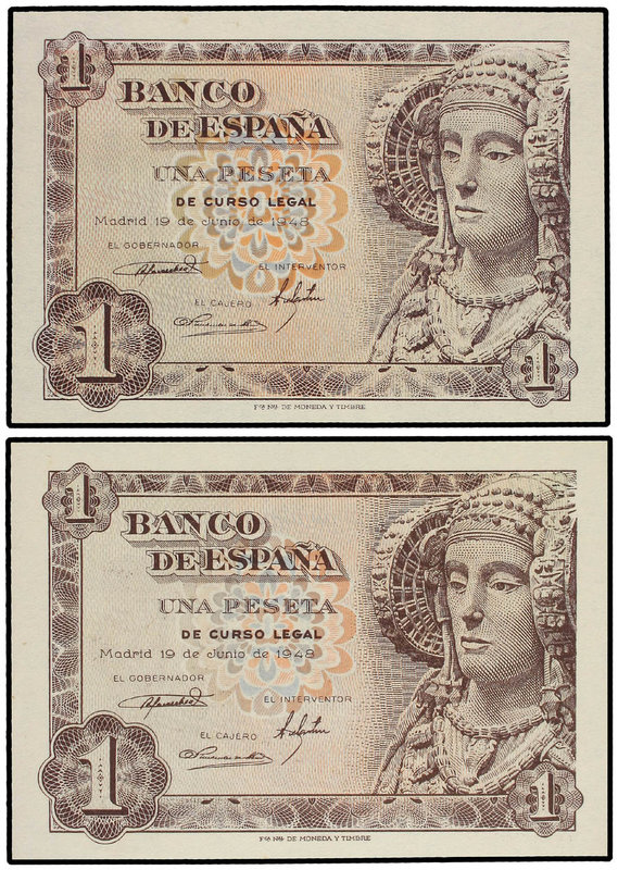 Estado Español. Lote 2 billetes 1 Peseta. 19 Junio 1948. Dama de Elche. Sin seri...