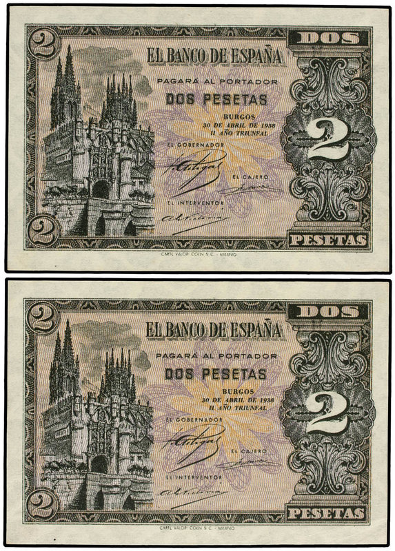 Estado Español. Lote 2 billetes 2 Pesetas. 30 Abril 1938. Catedral de Burgos. Se...