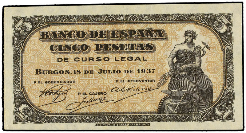 Estado Español. 5 Pesetas. 18 Julio 1937. Portabella. Serie A. (Leves arrugas en...