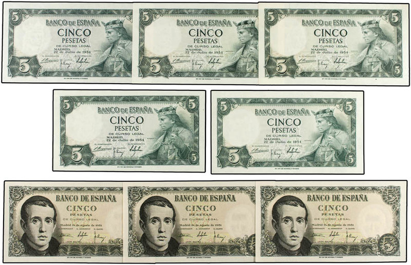 Estado Español. Lote 8 billetes 5 Pesetas. 16 Agosto 1951 y 22 Julio 1954. Balme...