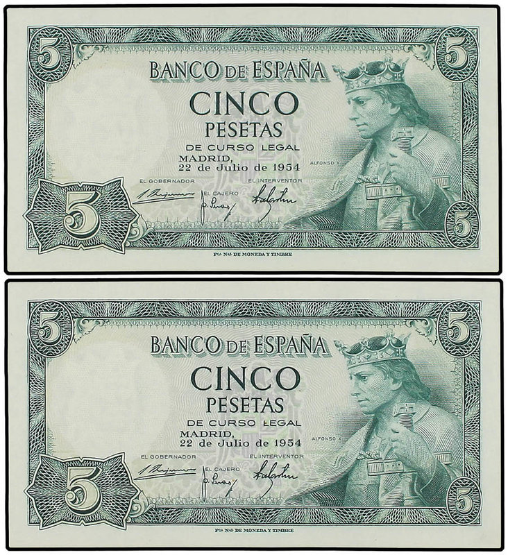 Estado Español. Lote 2 billetes 5 Pesetas. 22 Julio 1954. Alfonso X. Sin serie. ...