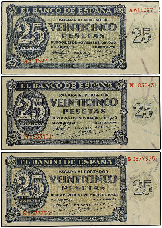 Estado Español. Lote 3 billetes 25 Pesetas. 21 Noviembre 1936. Series A, N y S. ...