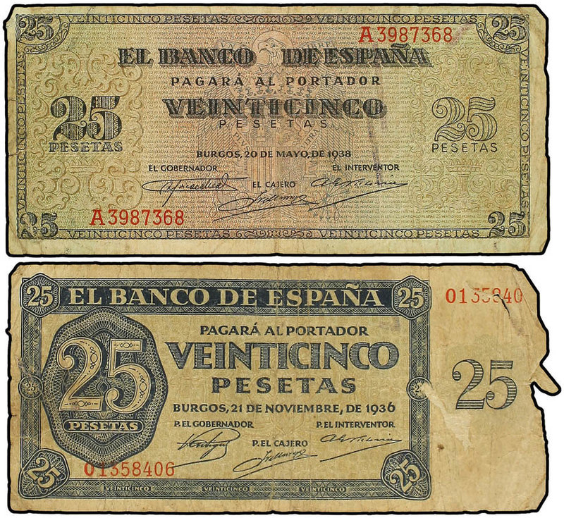 Estado Español. Lote 2 billetes 25 Pesetas. 21 Noviembre 1936 y 20 Mayo 1938. (R...