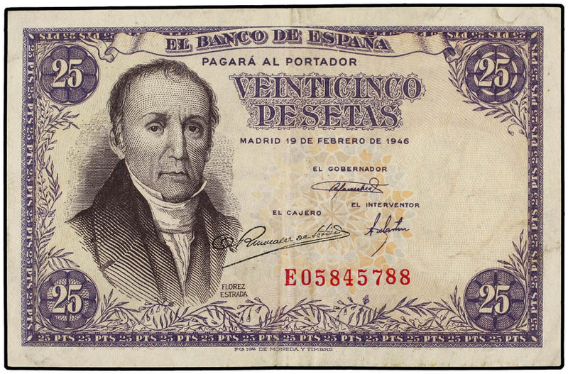 Estado Español. 25 Pesetas. 19 Febrero 1946. Flórez Estrada. Serie E. Ed-450a. E...