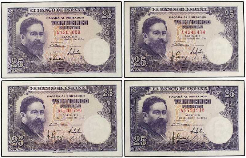 Estado Español. Lote 4 billetes 25 Pesetas. 22 Julio 1954. Albéniz. Serie A. Ed-...