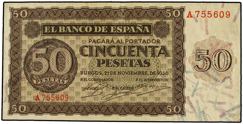 Estado Español. 50 Pesetas. 21 Noviembre 1936. Serie A. (Arrugas). Ed-420. EBC-....