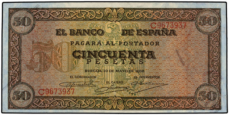 Estado Español. 50 Pesetas. 20 Mayo 1938. Castillo de Olite. Serie C. (Tono azul...