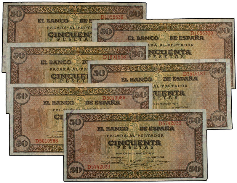 Estado Español. Lote 6 billetes 50 Pesetas. 20 Mayo 1938. Castillo de Olite. Ser...