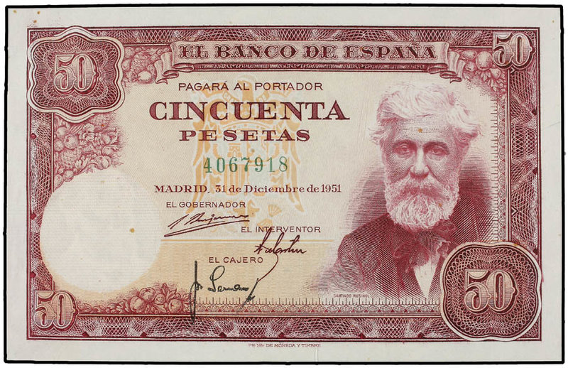 Estado Español. 50 Pesetas. 31 Diciembre 1951. Rusiñol. Sin Serie. (Leves manchi...