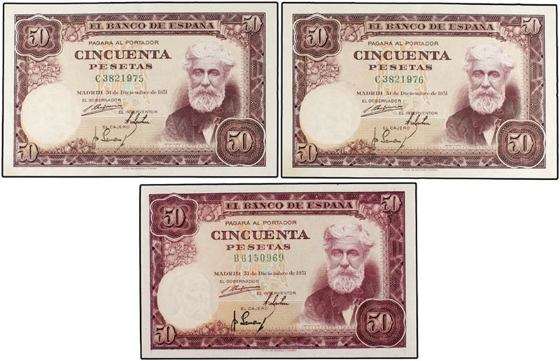 Estado Español. Lote 3 billetes 50 Pesetas. 31 Diciembre 1951. Rusiñol. Series B...