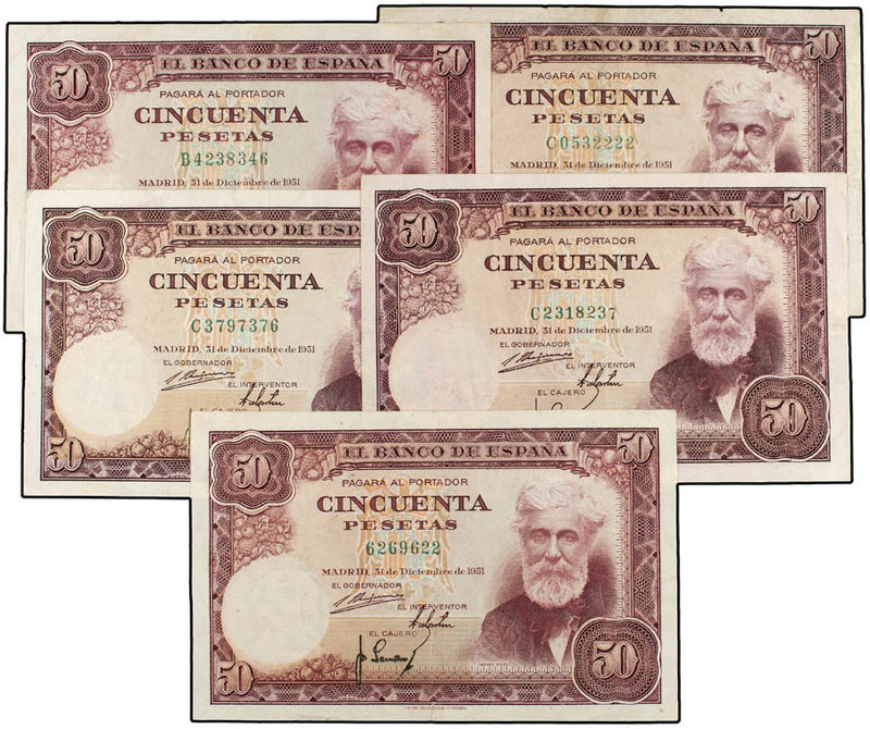 Estado Español. Lote 5 billetes 50 Pesetas. 31 Diciembre 1951. Rusiñol. Sin Seri...