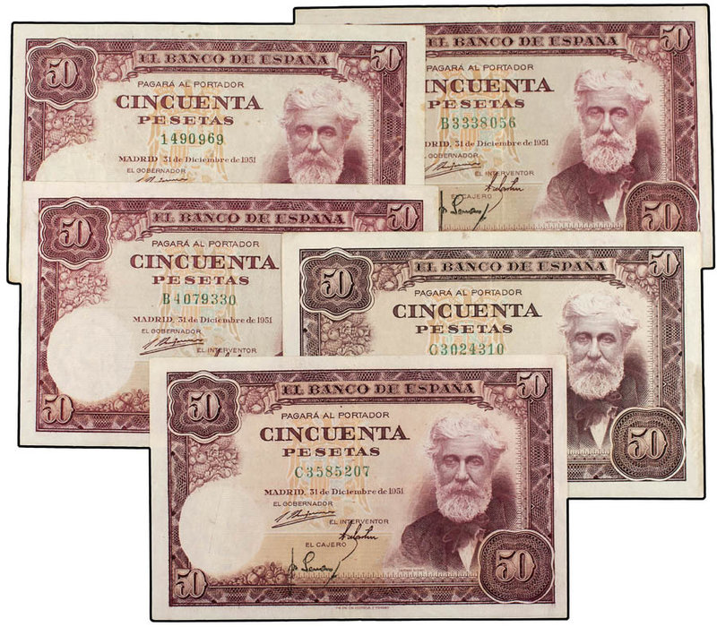 Estado Español. Lote 5 billetes 50 Pesetas. 31 Diciembre 1951. Rusiñol. Sin Seri...