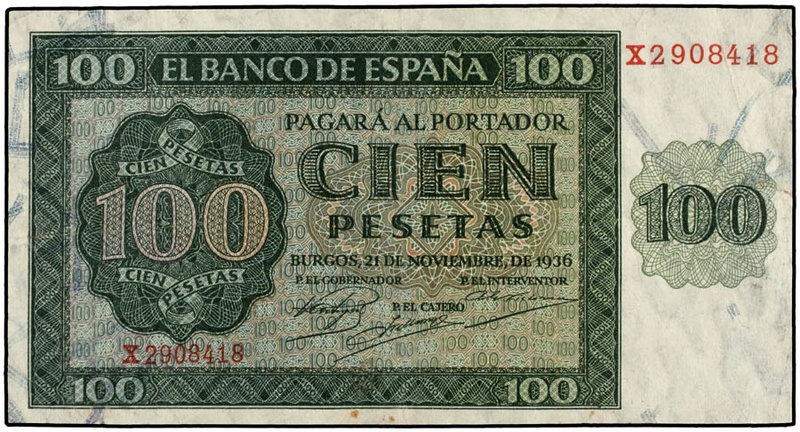 Estado Español. 100 Pesetas. 21 Noviembre 1936. Catedral de Burgos. Serie X. (Pe...