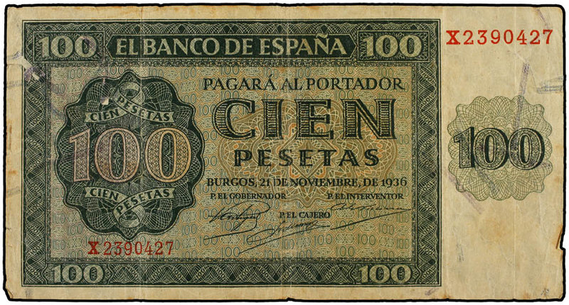 Estado Español. 100 Pesetas. 21 Noviembre 1936. Catedral de Burgos. Serie X. (Pe...