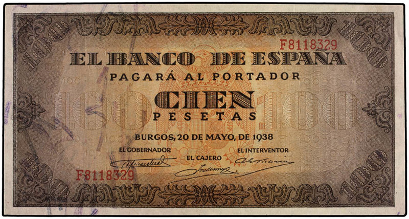 Estado Español. 100 Pesetas. 20 Mayo 1938. Casa del Cordón. Serie F. (Arrugas). ...