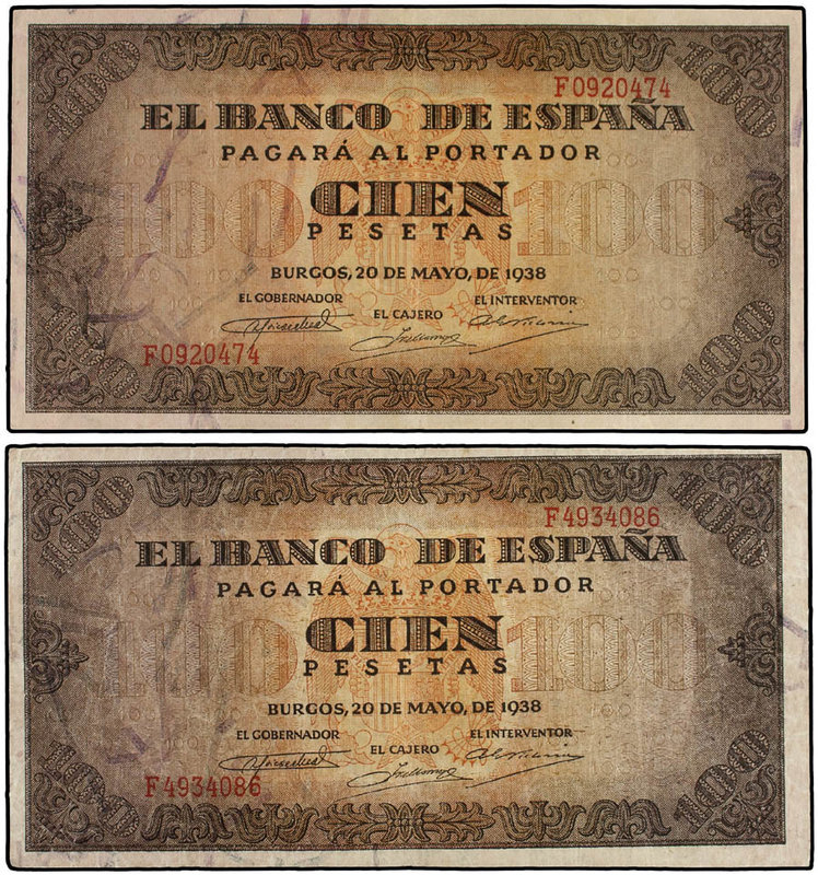 Estado Español. Lote 2 billetes 100 Pesetas. 20 Mayo 1938. Casa del Cordón. Seri...