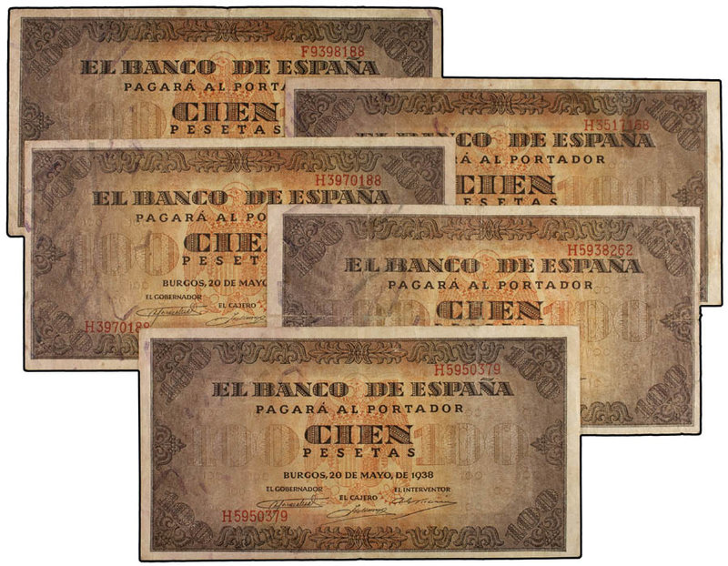 Estado Español. Lote 5 billetes 100 Pesetas. 20 Mayo 1938. Casa del Cordón. Seri...