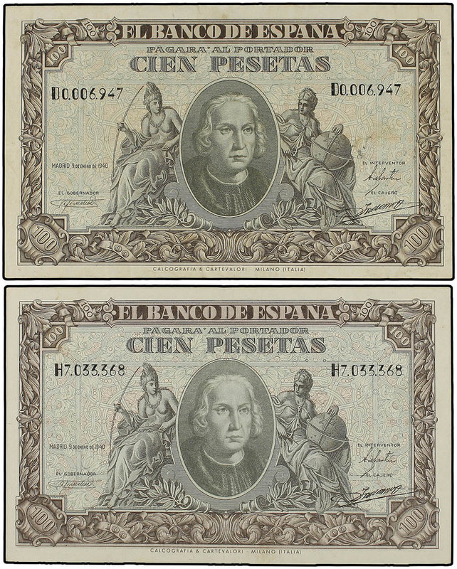 Estado Español. Lote 2 billetes 100 Pesetas. 9 Enero 1940. Colón. Series D y H. ...