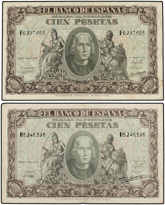 Estado Español. Lote 2 billetes 100 Pesetas. 9 Enero 1940. Colón. Series F y H. ...