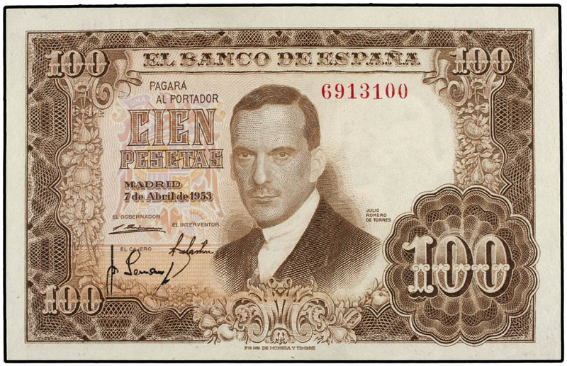 Estado Español. 100 Pesetas. 7 Abril 1953. Romero de Torres. Sin Serie. Ed-464. ...