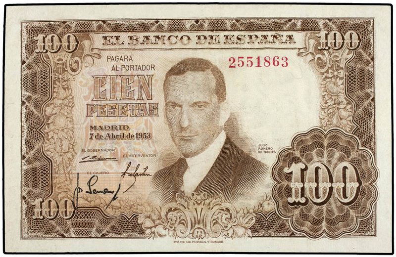 Estado Español. 100 Pesetas. 7 Abril 1953. Romero de Torres. Sin Serie. (Pequeña...