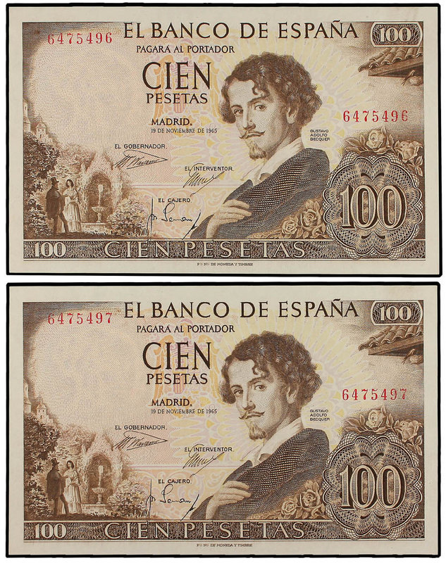 Estado Español. Lote 2 billetes 100 Pesetas. 19 Noviembre 1965. Bécquer. Sin Ser...