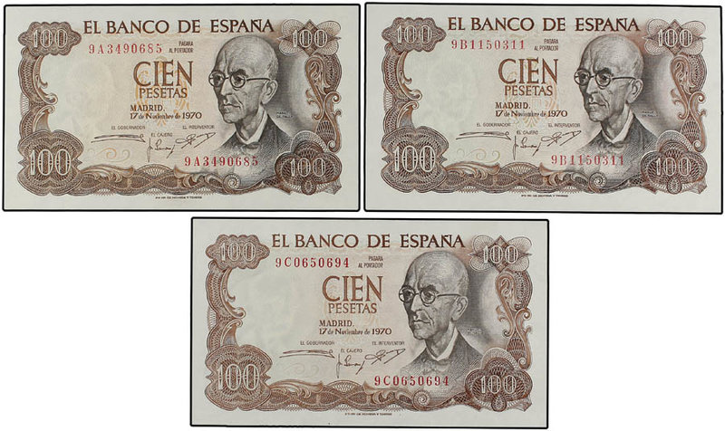 Estado Español. Lote 3 billetes 100 Pesetas. 17 Noviembre 1970. Falla. Series su...