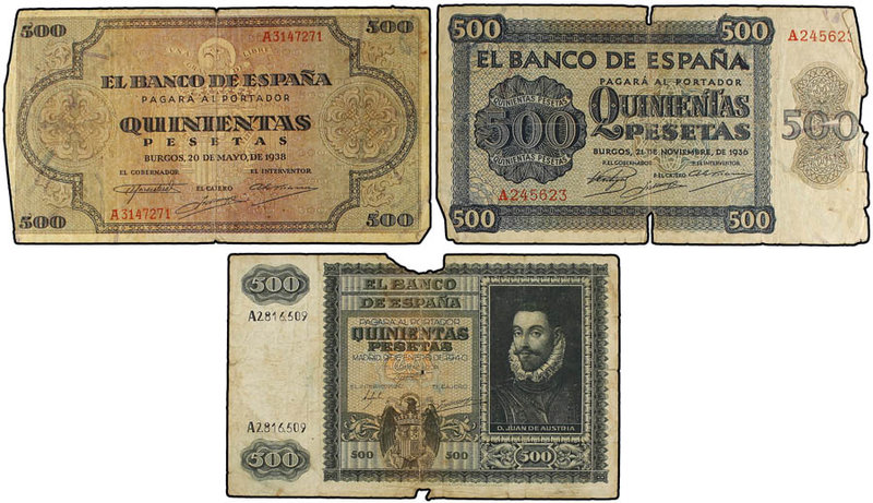 Estado Español. Lote 3 billetes 500 Pesetas. 21 Noviembre 1936, 20 Mayo 1938 y 9...