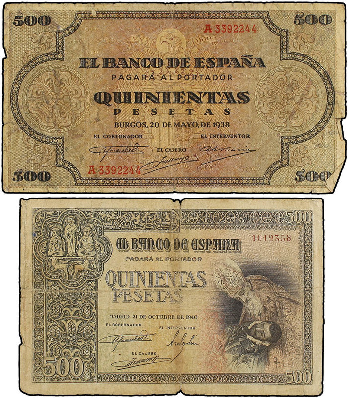 Estado Español. Lote 2 billetes 500 Pesetas. 20 Mayo 1938 y 21 Octubre 1940. Cat...