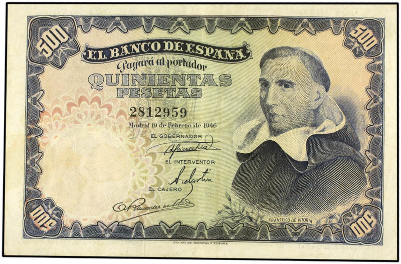 Estado Español. 500 Pesetas. 19 Febrero 1946. Francisco de Vitoria. Precintado y...