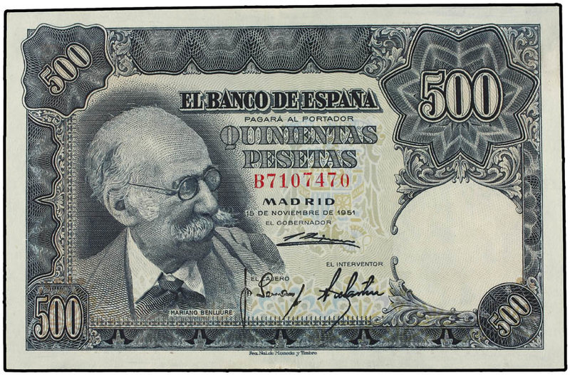 Estado Español. 500 Pesetas. 15 Noviembre 1951. Benlliure. Serie B. Ed-460a. EBC...