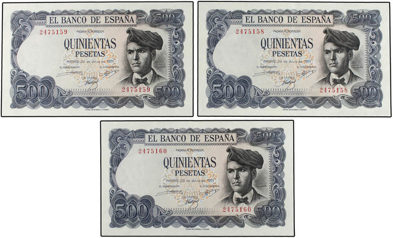 Estado Español. Lote 3 billetes 500 Pesetas. 23 Julio 1971. Verdaguer. Sin Serie...