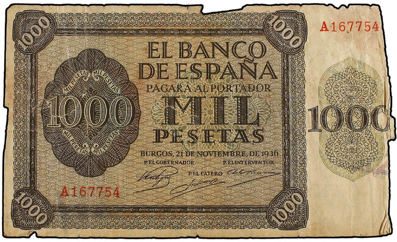 Estado Español. 1.000 Pesetas. 21 Noviembre 1936. Alcázar de Toledo. Serie A. (R...