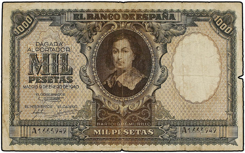 Estado Español. 1.000 Pesetas. 9 Enero 1940. Murillo. (Pequeñas roturas. Algo su...