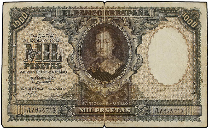 Estado Español. 1.000 Pesetas. 9 Enero 1940. Murillo. (Roturas). Ed-440. MBC- .