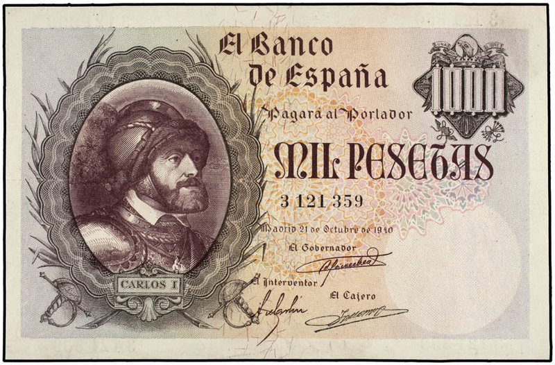 Estado Español. 1.000 Pesetas. 21 Octubre 1940. Carlos I. (Dos pliegues en cruz)...