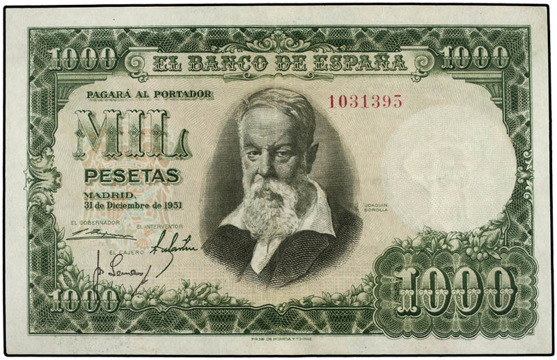 Estado Español. 1.000 Pesetas. 31 Diciembre 1951. Sorolla. Sin Serie. Ed-463. MB...