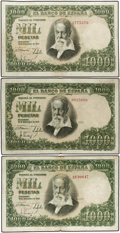 Estado Español. Lote 3 billetes 1.000 Pesetas. 31 Diciembre 1951. Sorolla. Sin s...