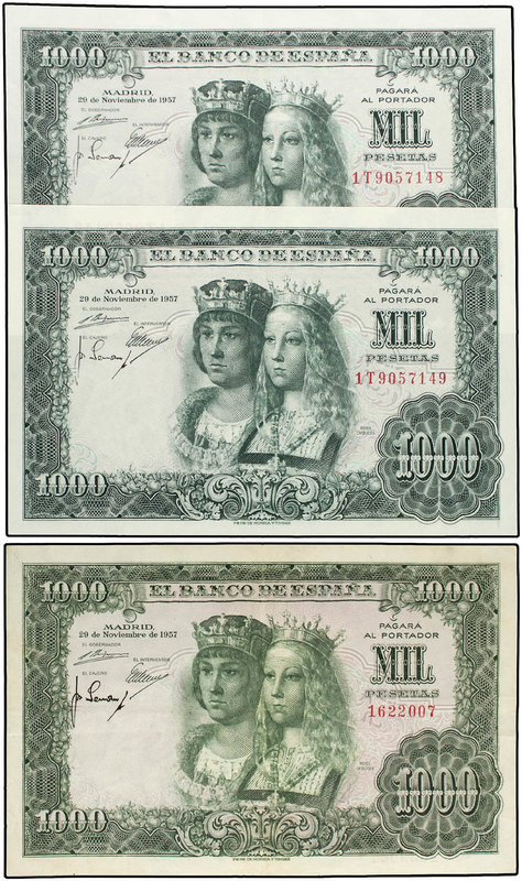 Estado Español. Lote 3 billetes 1.000 Pesetas. 29 Noviembre 1957. Reyes Católico...