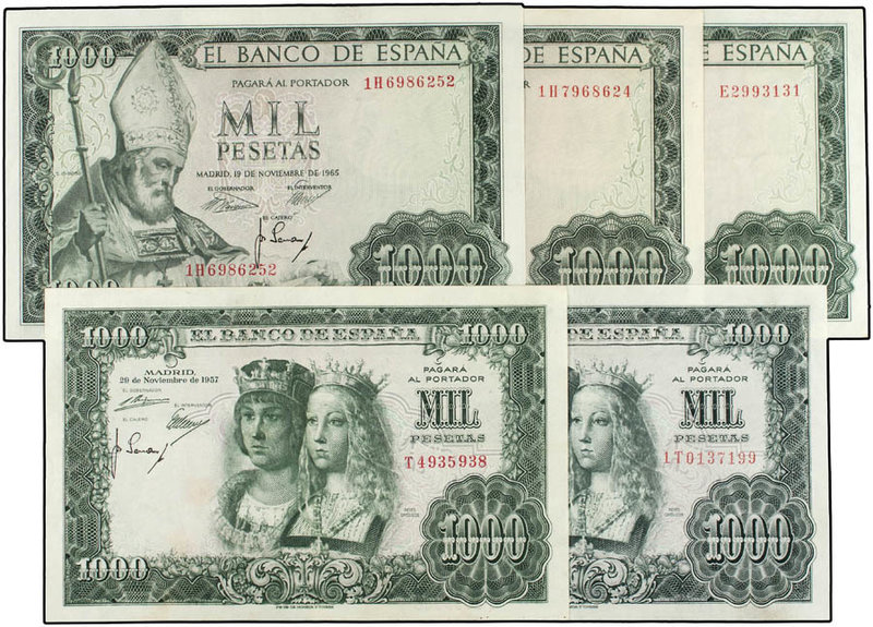 Estado Español. Lote 5 billetes 1.000 Pesetas. 29 Noviembre 1957 y 1965. Reyes C...