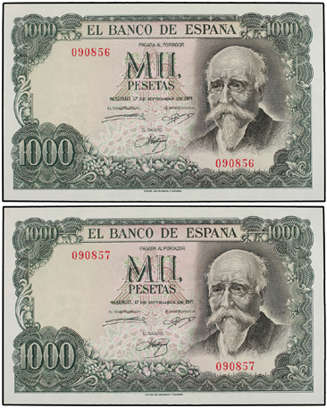Estado Español. Lote 2 billetes 1.000 Pesetas. 17 Septiembre 1971. Echegaray. Si...