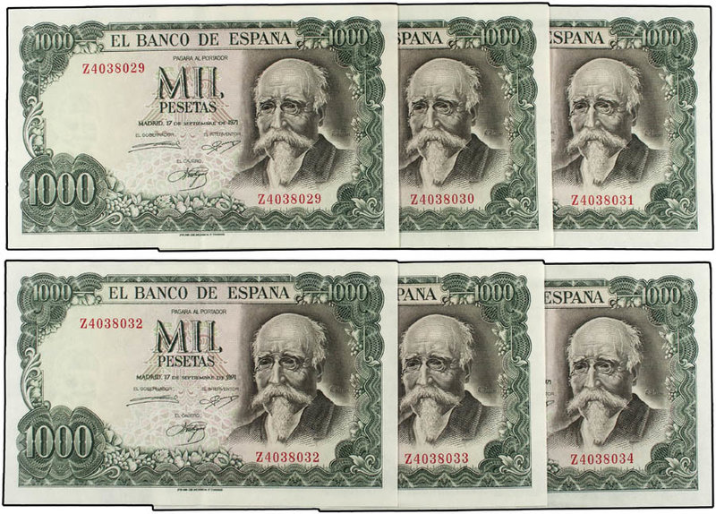 Estado Español. Lote 6 billetes 1.000 Pesetas. 17 Septiembre 1971. Echegaray. Se...
