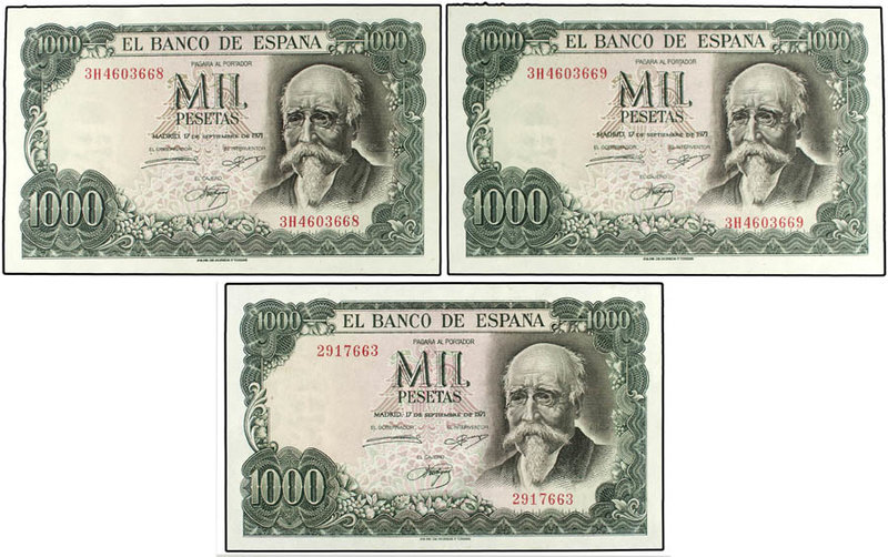 Estado Español. Lote 3 billetes 1.000 Pesetas. 17 Septiembre 1971. Echegaray. Si...