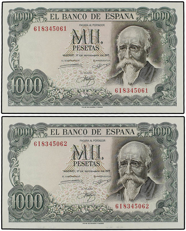 Estado Español. Lote 6 billetes 1.000 Pesetas. 17 Septiembre 1971. Echagaray Ser...