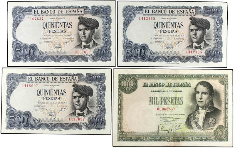 Estado Español. Lote 4 billetes 500 (3) y 1.000 Pesetas. 4 Noviembre 1949 y 23 J...