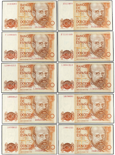 Juan Carlos I. Lote 10 billetes 200 Pesetas. 16 Septiembre 1980. Clarín. Sin Ser...