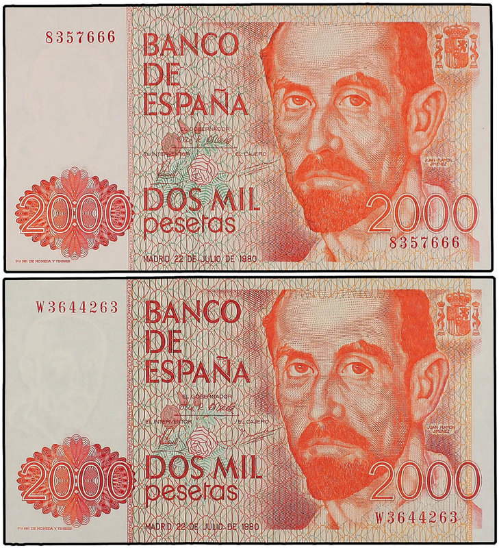 Juan Carlos I. Lote 2 billetes 2.000 Pesetas. 22 Julio 1980. Juan Ramón Jiménez....