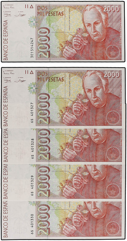 Juan Carlos I. Lote 5 billetes 2.000 Pesetas. 24 Abril 1992. Celestino Mutis. Se...