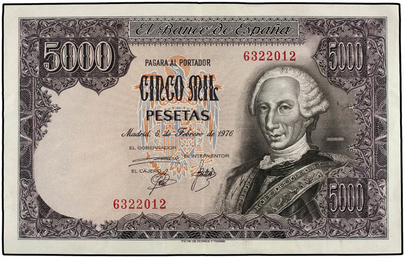 Juan Carlos I. 5.000 Pesetas. 6 Febrero 1976. Carlos III. Sin Serie. (Arrugas). ...